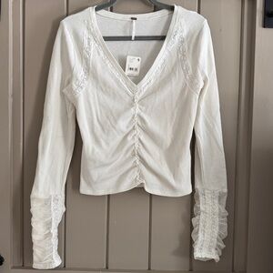 Free People White Ruched Long Sleeve Top